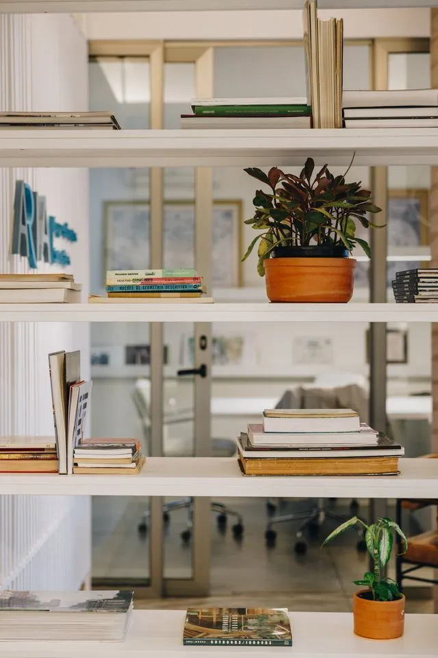 Interior decorado com plantas e livros